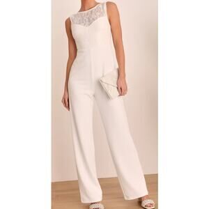 LULU'S M Romantic Inclinations White Lace Backless Wide-Leg Jumpsuit NEW B130